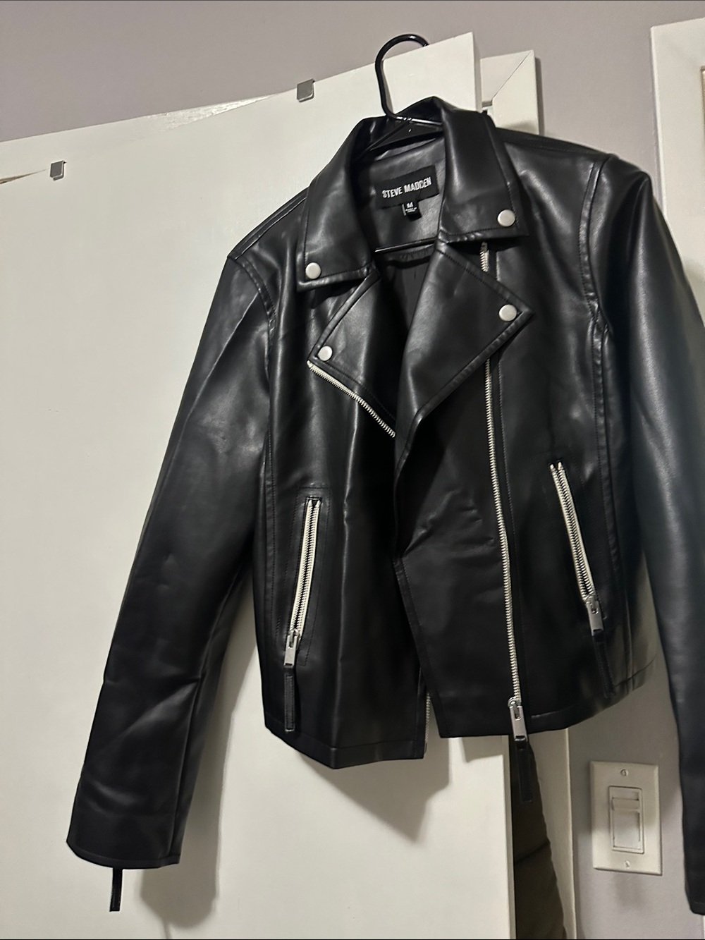 Steve Madden Black Faux Leather Moto Jacket with Silver Zippers